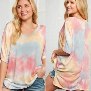 New! Soft Pink V-Neck Tie Dye Top